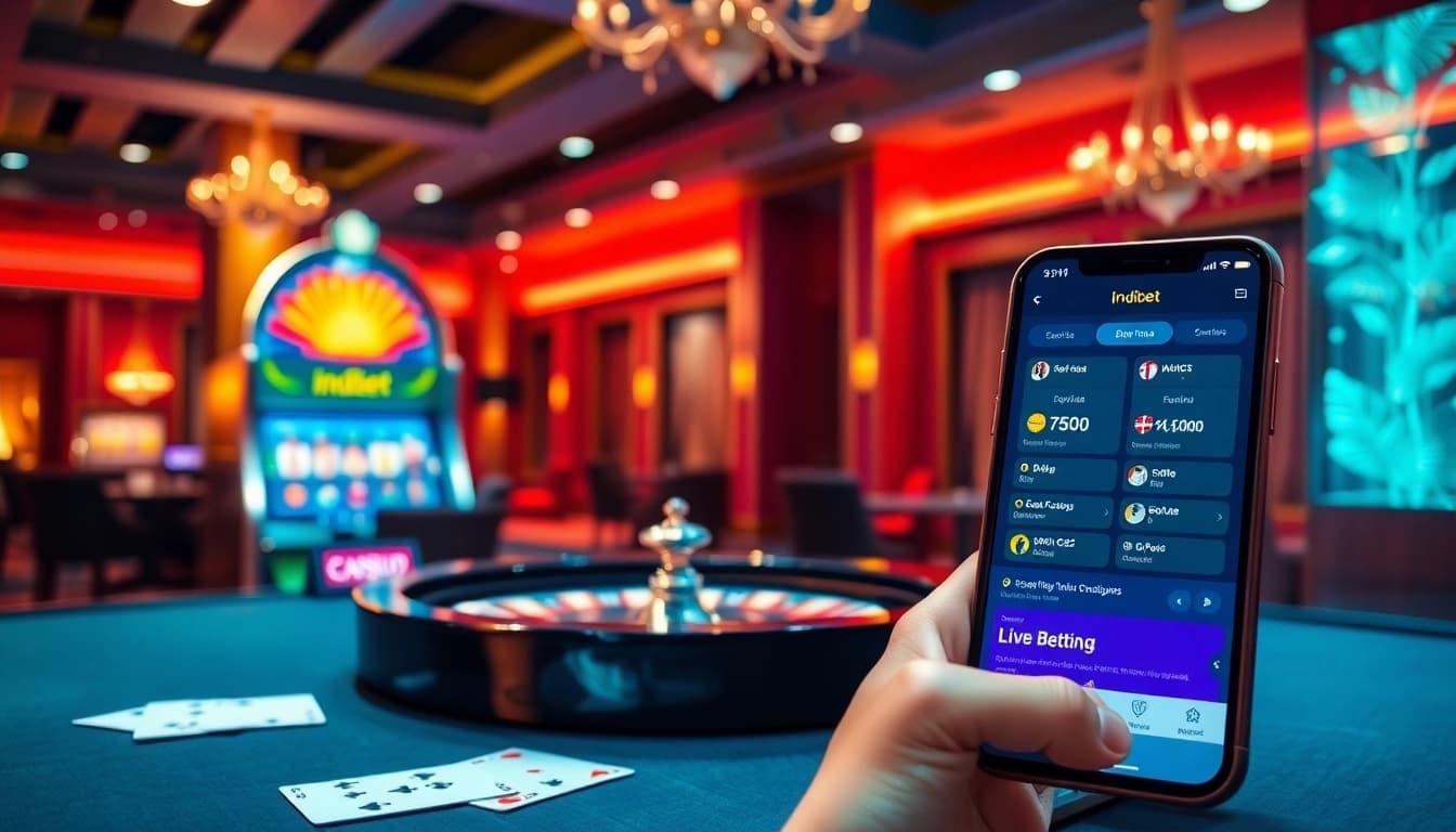 Experience indibet online betting with a vibrant casino scene featuring poker cards and a roulette table.