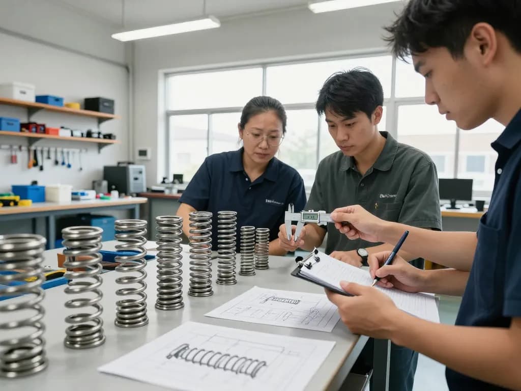 Inginerii inspectând diverse mostre de arcuri din oțel într-un atelier industrial luminos.