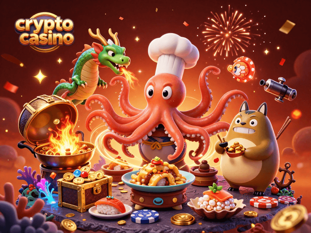 Enjoy the vibrant crypto casino action featuring an octopus chef and dragon companion.