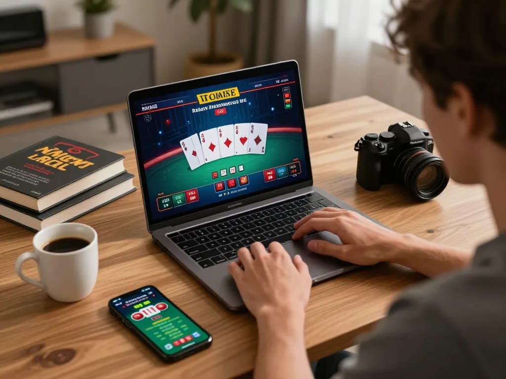 Player enjoying exciting qq 88 poker game at home using laptop with strategy notes, showcasing responsible gambling.