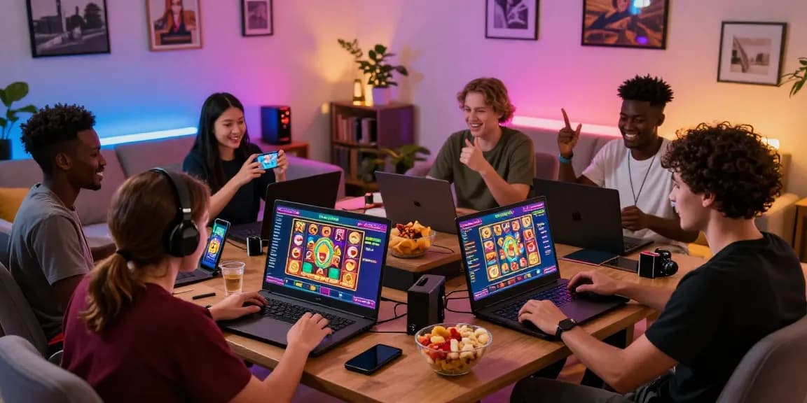 Exciting GARUDA303 login scene with diverse gamers enjoying slot games on various devices in a cozy living room with vibrant colors.