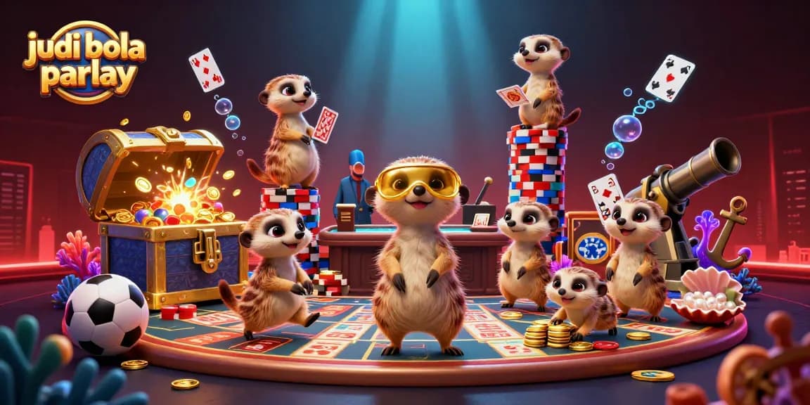 Engage in judi bola parlay with a vibrant casino scene featuring meerkats and sportsbook elements.