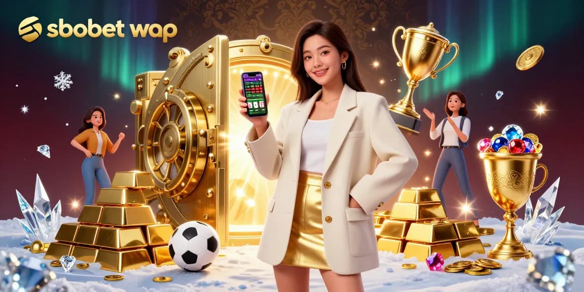 Sbobet wap sports betting app showcased by a playful Asian model in a glamorous setting.