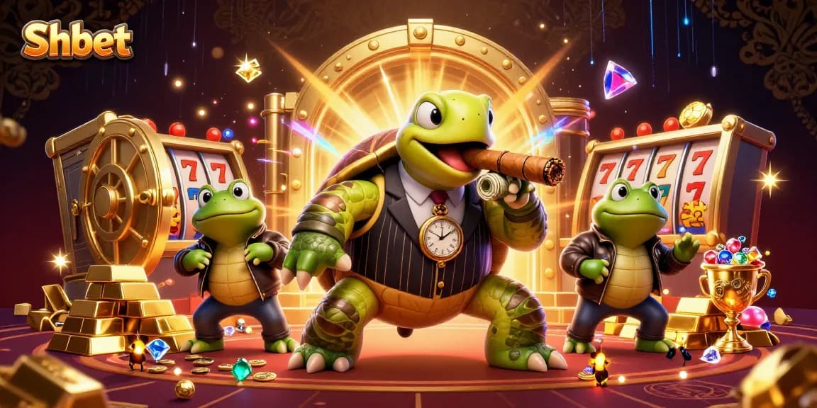 Engage with Shbet at a vibrant casino scene featuring a turtle, bullfrogs, and gleaming jackpots.