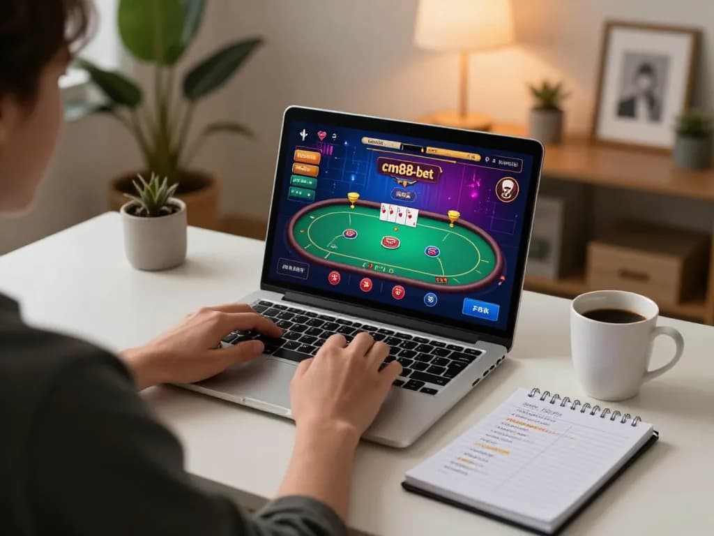 Engaging in strategic online poker gameplay at cm88-bet with vibrant game interface and cozy setup.