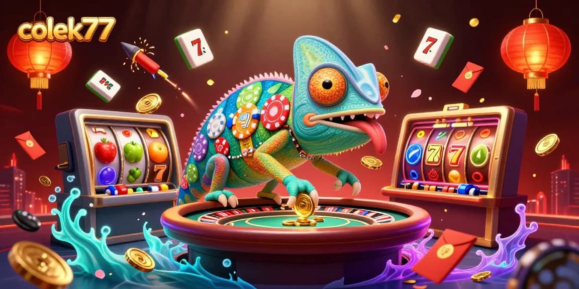 Engage with colek77 at the vibrant casino with spinning slots, golden coins, and festive decorations.