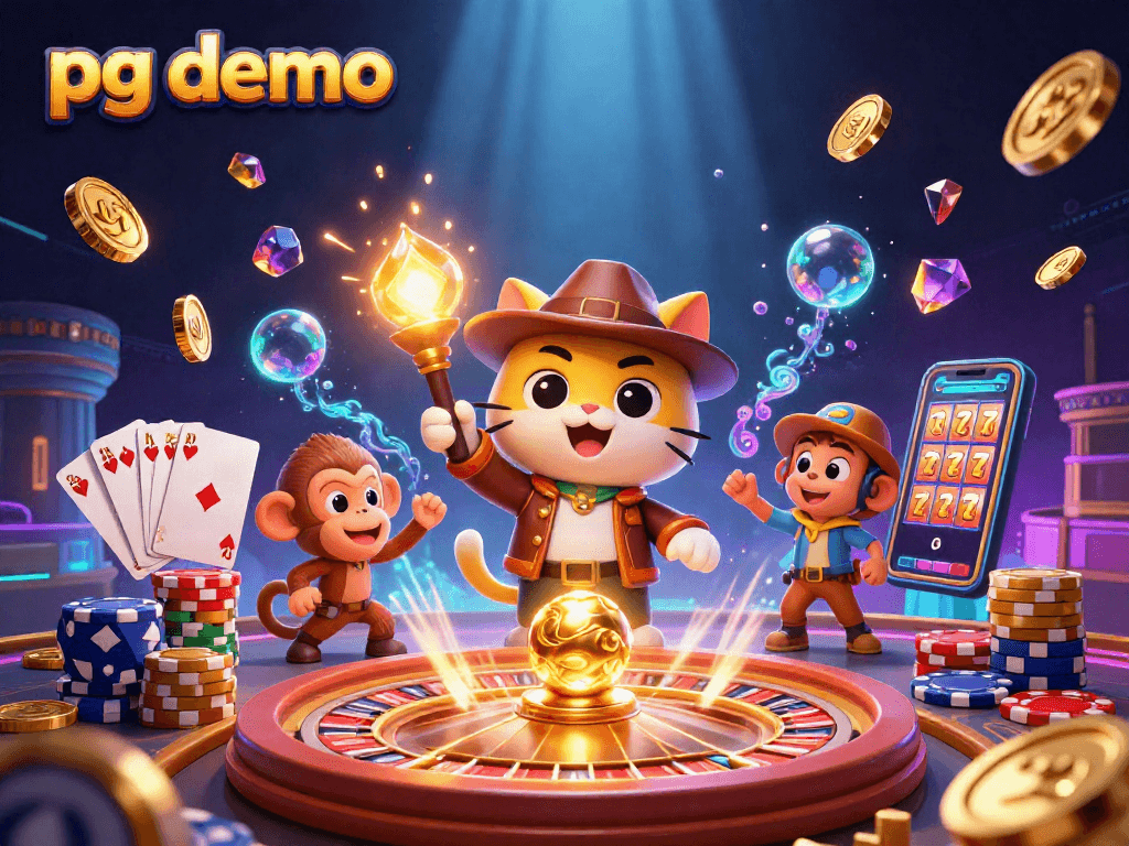 Engage with pg demo in this vibrant 3D illustration featuring an archaeologist cat and golden artifacts.