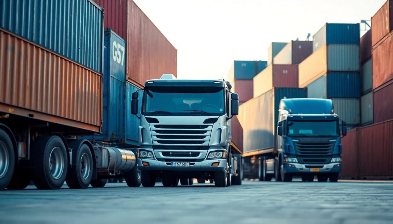 Drayage truck navigating a port environment, facilitating efficient container transport.