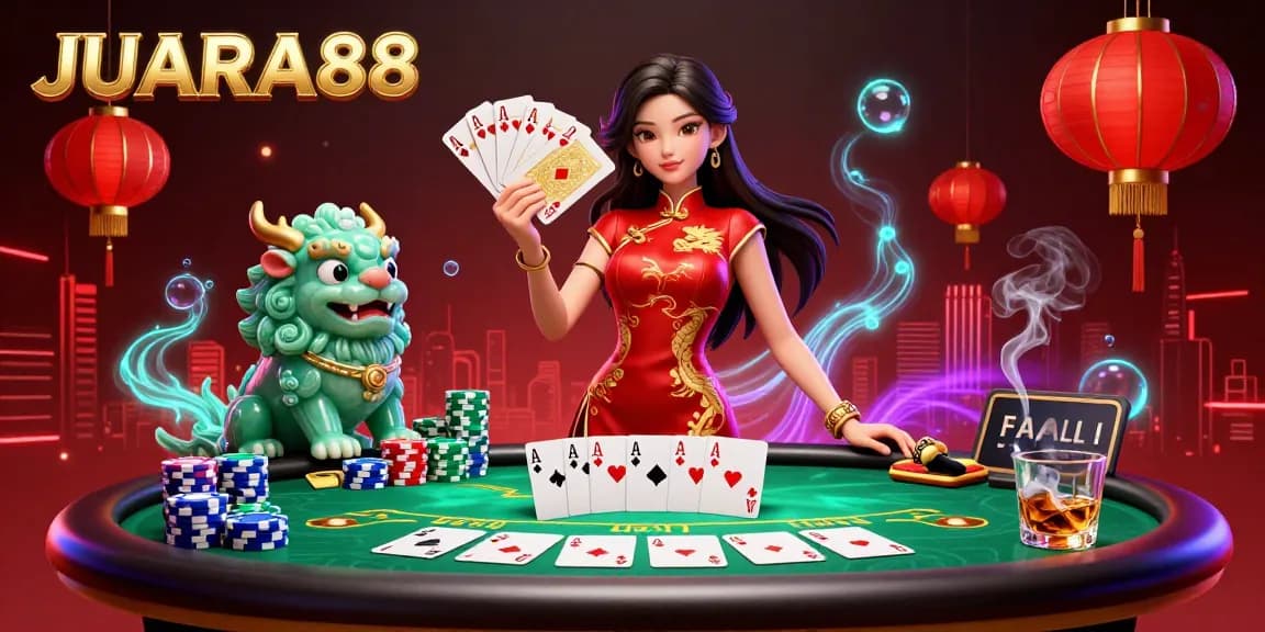 Experience thrilling gameplay with JUARA88 in this vibrant 3D casino illustration featuring poker action and cultural elements.