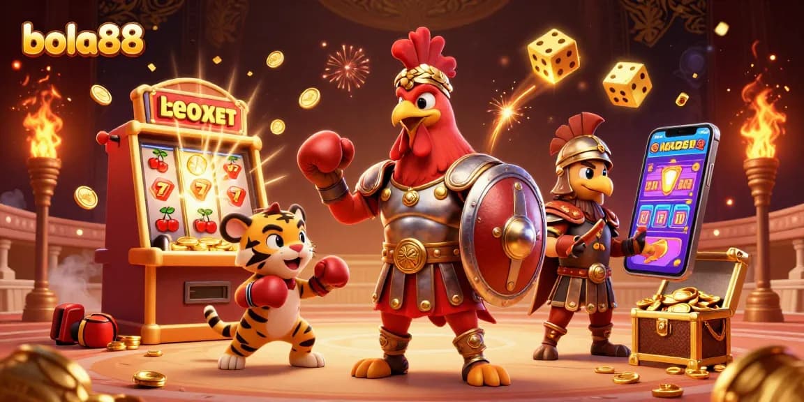 Bola88 players enjoy thrilling bets with a cartoon rooster gladiator and slot machine winning symbols