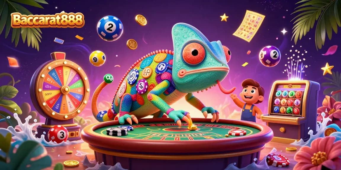 Baccarat888 captures the thrilling baccarat atmosphere with a colorful chameleon casino owner and vibrant game elements.