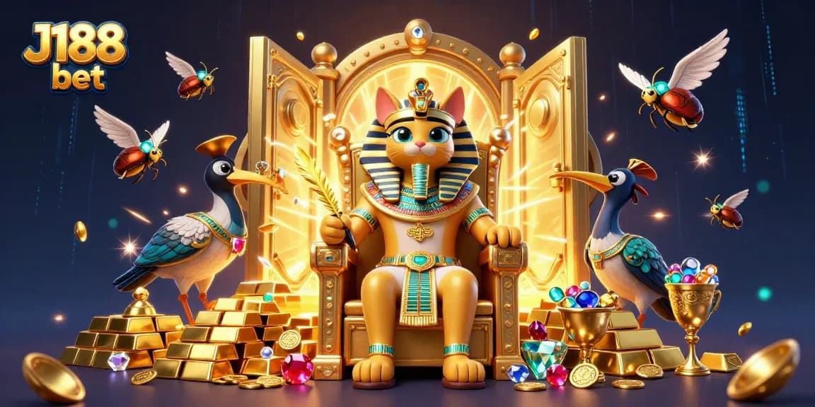 Experience the excitement of J188 bet with rich casino elements featuring a pharaoh cat and treasure.