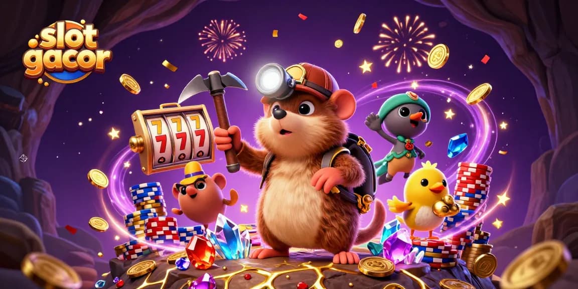 Slot gacor menampilkan karakter utama pelaut hujan dalam ilustrasi 3D, menambang emas dan batu permata.
