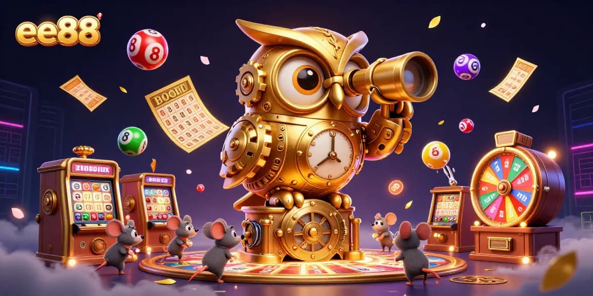 Experience the thrilling action at ee88 as the golden owl oversees a vibrant casino scene full of excitement.