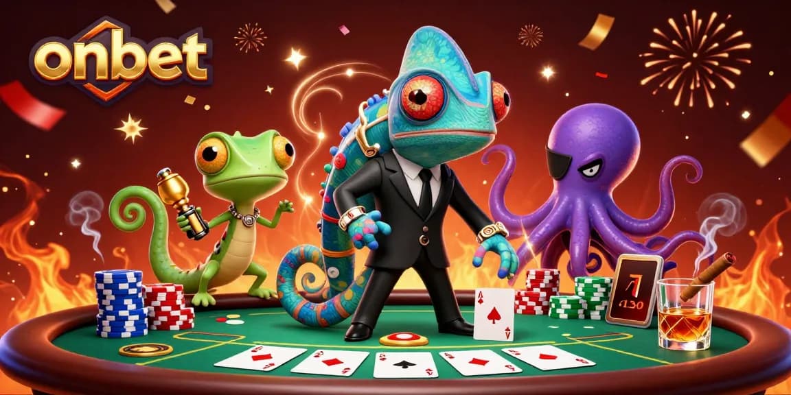 Join the excitement at onbet, where vibrant casino characters play poker surrounded by festive celebrations.