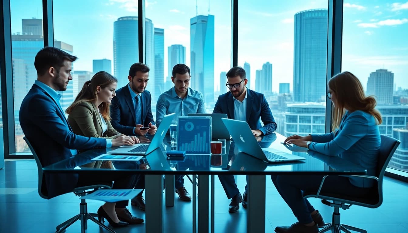 Analyzing Competitive intelligence trends in a modern office setting with professionals collaborating.