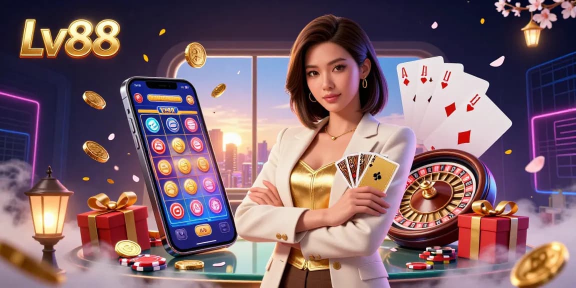 Experience the vibrant energy of Lv88 online casino with a powerful businesswoman holding golden cards.