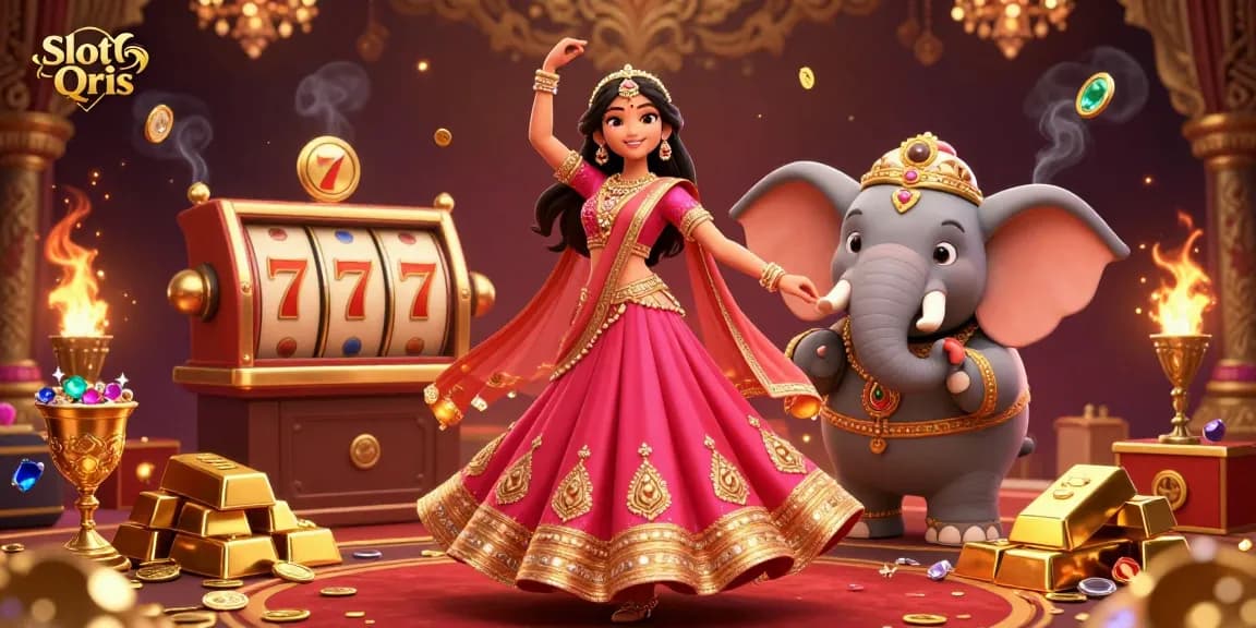 Engaging in the thrilling Slot Qris experience, a beautiful Asian woman in a vibrant lehenga enjoys gambling alongside a bejeweled elephant; visualizing prosperity and excitement.