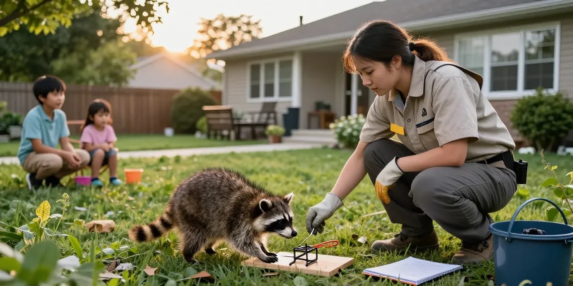 Raccoon Removal Toronto technician examining humane traps in a suburban setting.