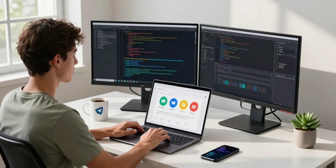 Developer using telegram中文版 interface on laptop in a modern workspace