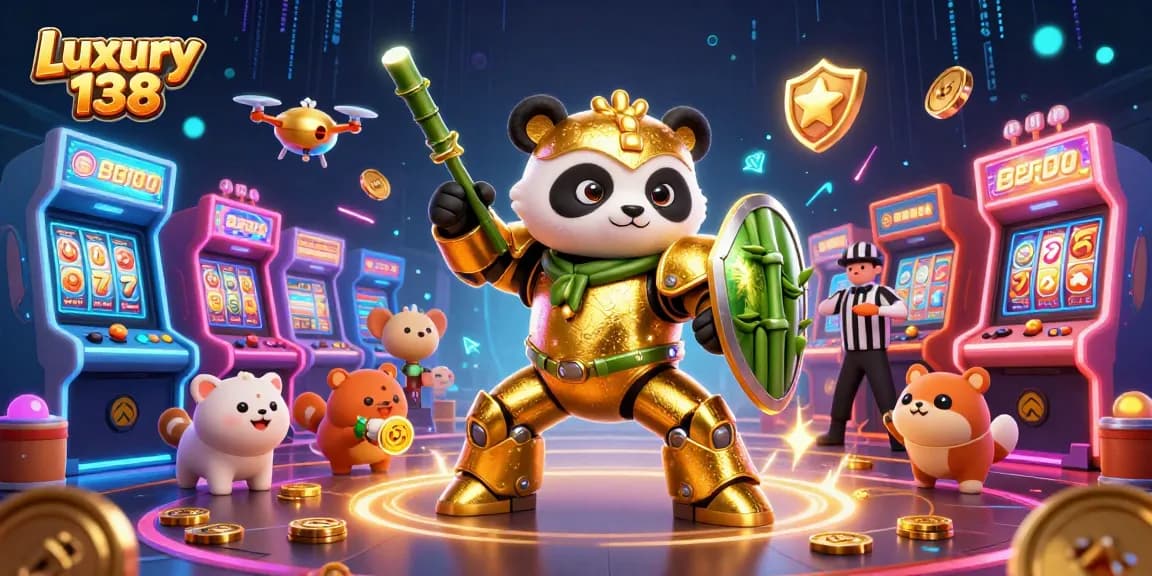 Experience excitement at Luxury 138 with a golden panda emerging in a vibrant casino atmosphere.
