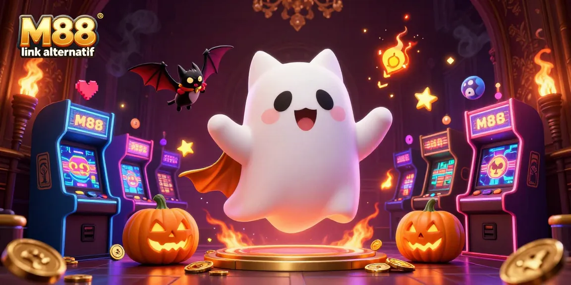 Win with M88 link alternatif featuring a friendly ghost cat and vampire bat amid a vibrant casino scene.