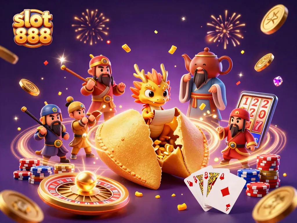 Experience the thrill of slot 888 with dynamic scenes featuring golden coins, a wise dragon, and festive elements.