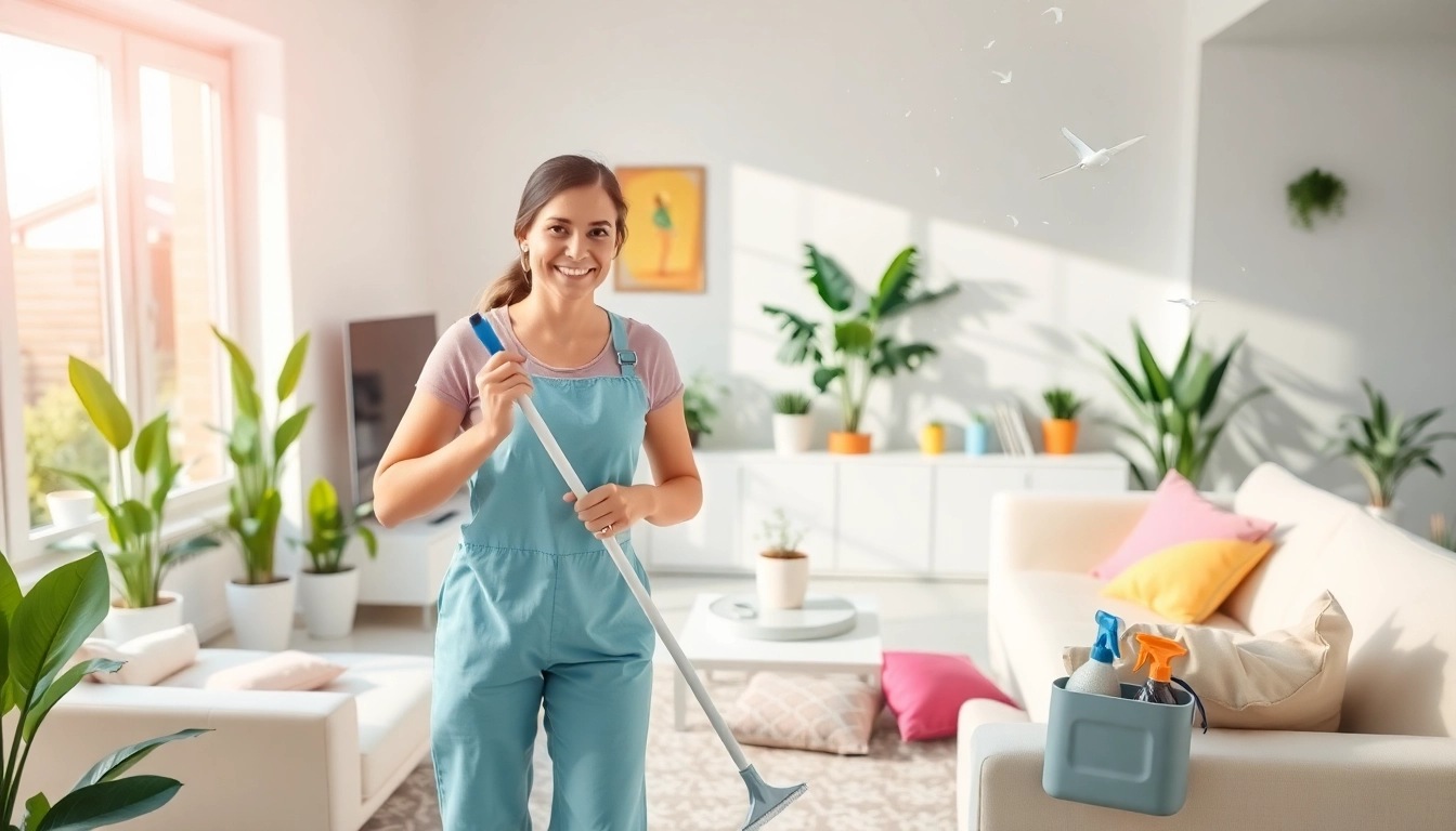 Enhance your space with a professional Cleaning Service showcasing a friendly cleaner in a bright home setting.