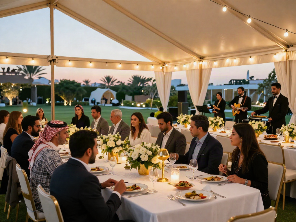 Event rental ksa featuring a luxurious outdoor banquet setup with elegant decor and guest interactions.