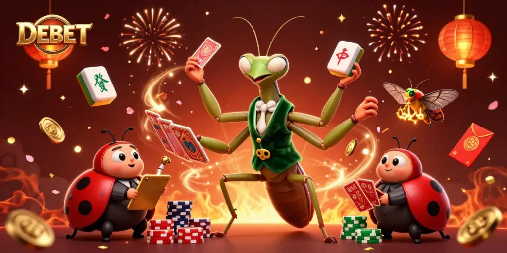 Engage with DEBET's exciting gaming scene featuring lively characters and festive decorations.
