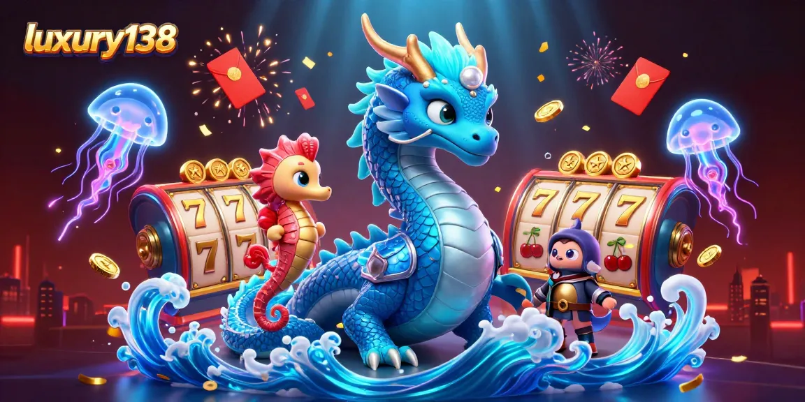 Play luxurious games at luxury138 with vibrant 3D dragon, seahorse knight, and neon jellyfish.