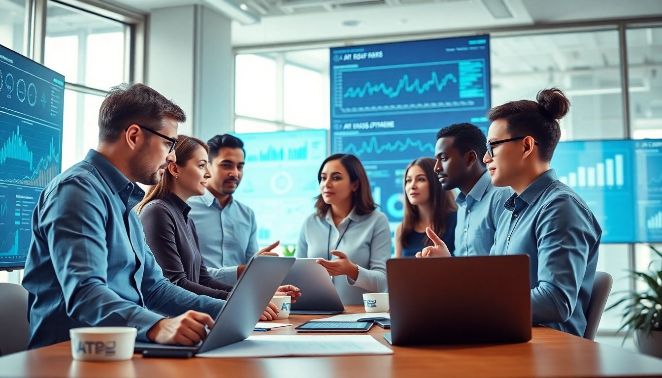 Professionals collaborate on AI for competitor analysis, analyzing data in a modern office.
