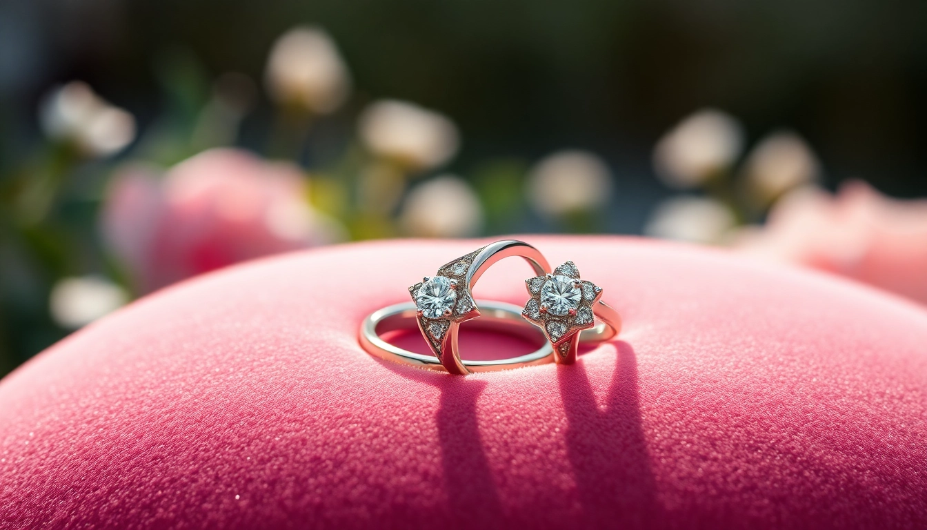 Couple rings beautifully displayed on velvet, showcasing intricate designs and shimmering diamonds.
