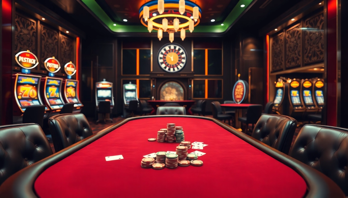 Vivez l'excitation du casino en ligne avec des jetons de poker vibrants et des tables de jeu élégantes dans un cadre luxueux.