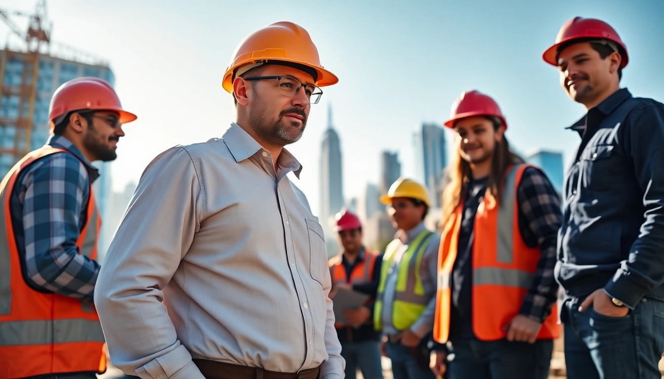 A professional New York City General Contractor collaborating with a team on-site amidst the iconic skyline.