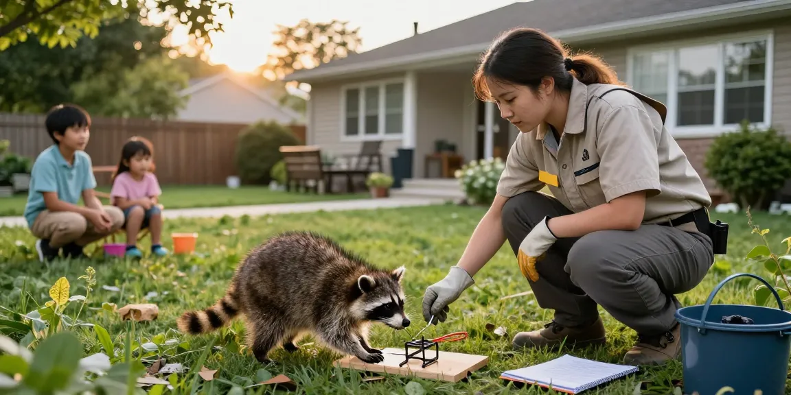Raccoon Removal Toronto technician examining humane traps in a suburban setting.