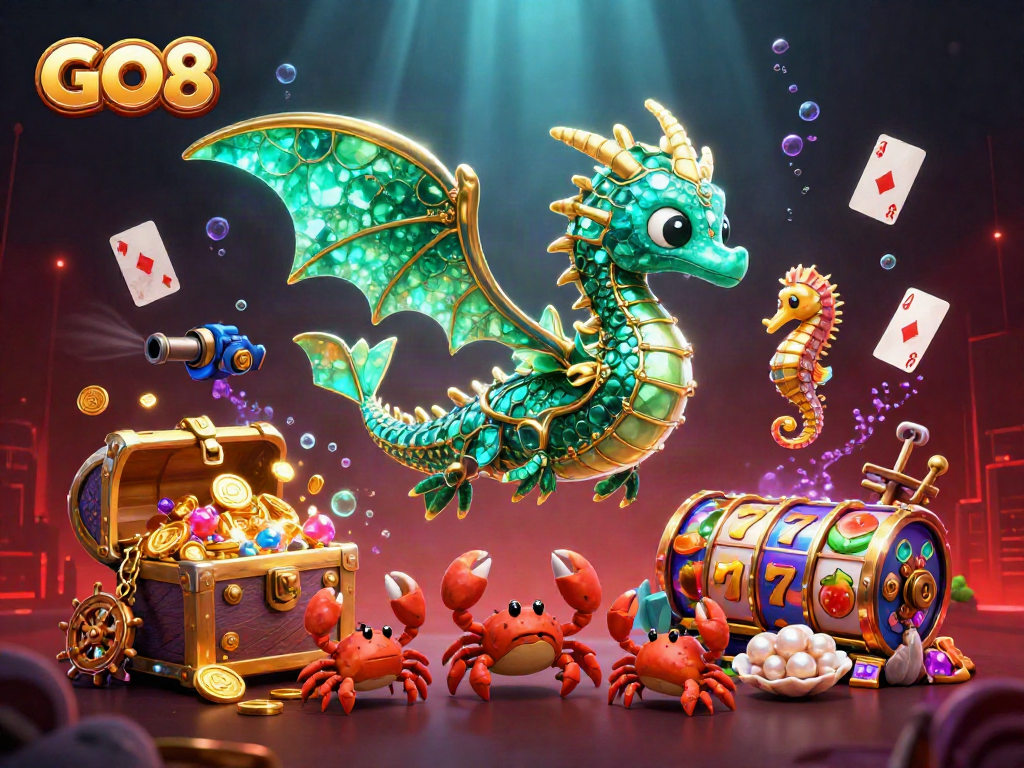 Experience the underwater world of GO8 with vibrant slot reels and treasure, in a captivating casino scene.
