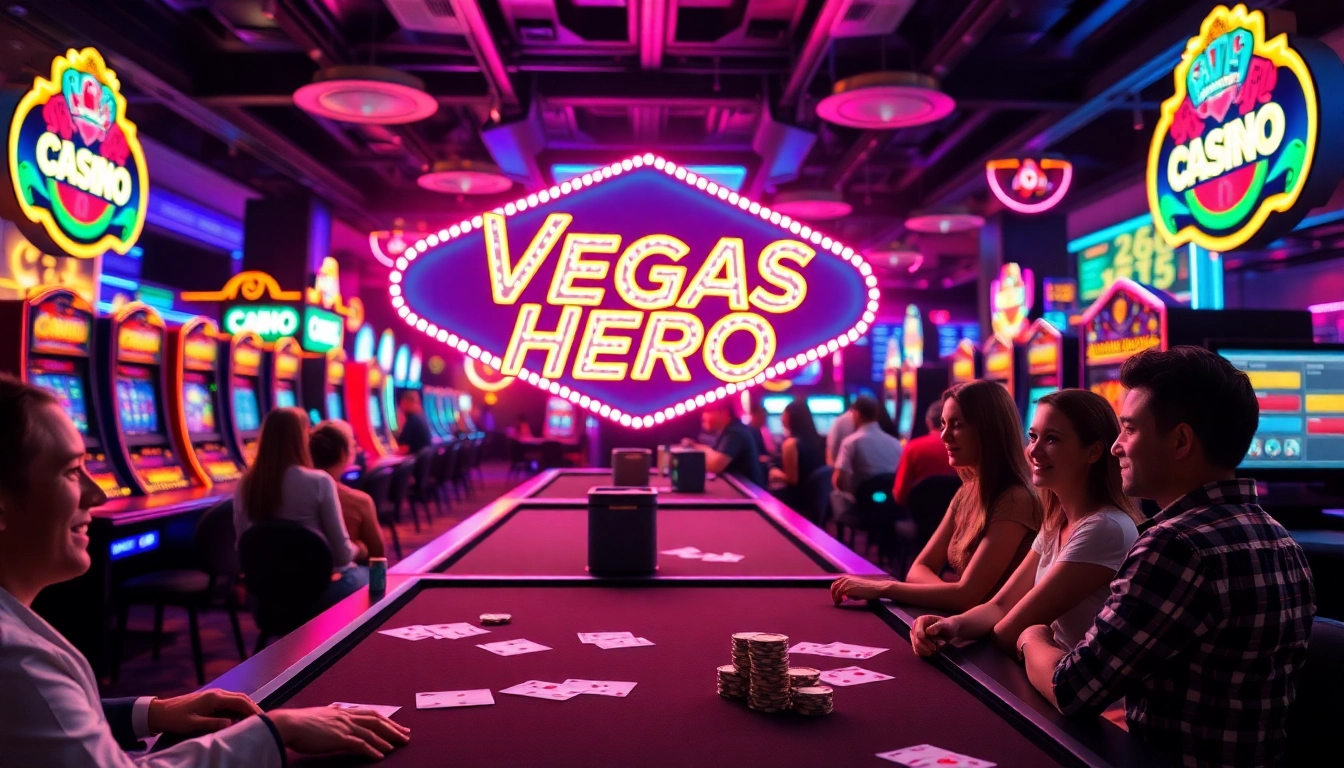 Exciting display of Vegas hero in a vibrant casino atmosphere packed with games.