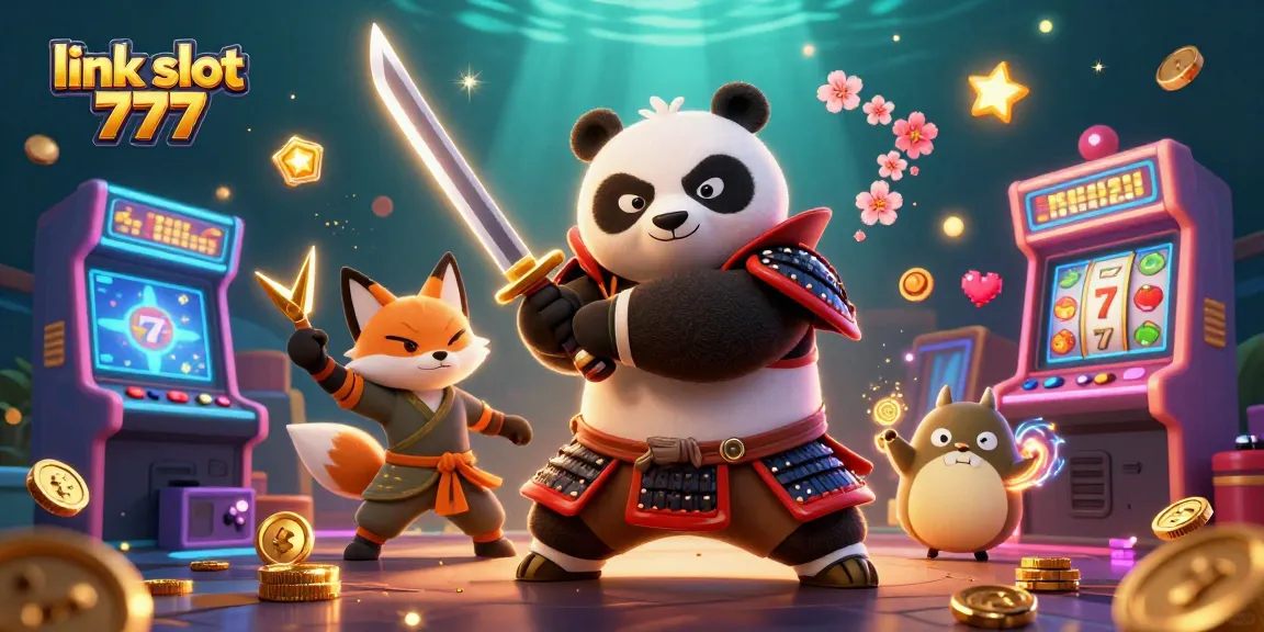 Gambling action with link slot 777 featuring samurai panda and ninja fox in a dynamic casino setting.