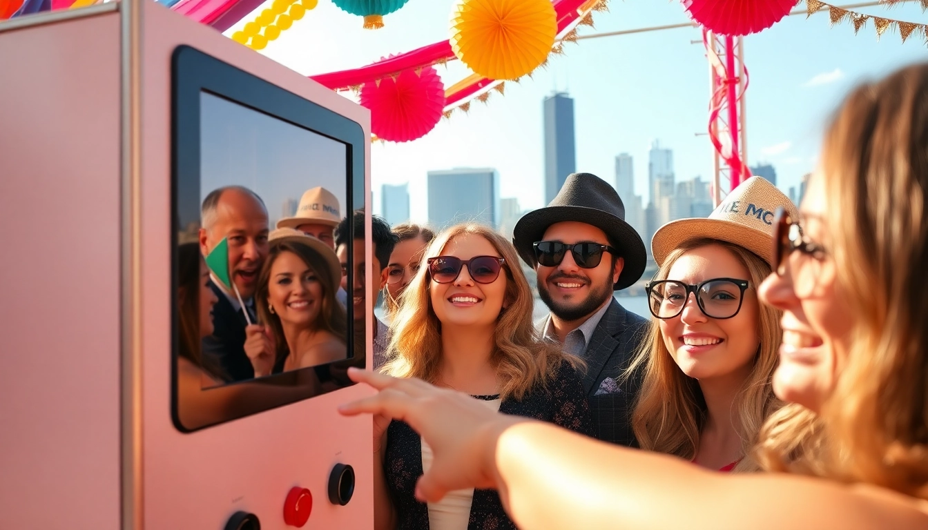 Guests enjoying a fun photo booth chicago experience with colorful props and decorations.
