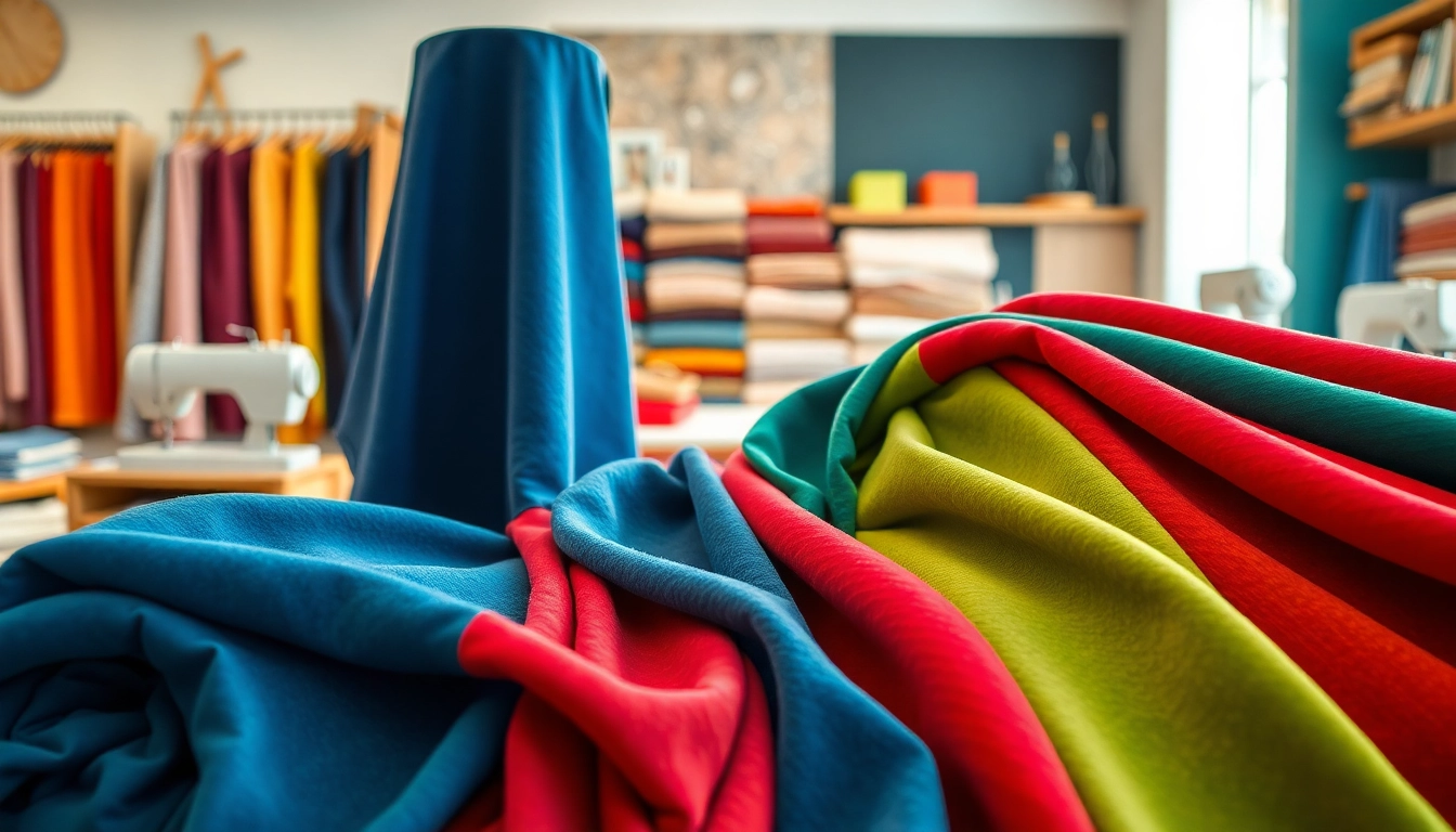 Verken vibrant stretch stoffen met aantrekkelijke patronen in een stijlvolle showroom.