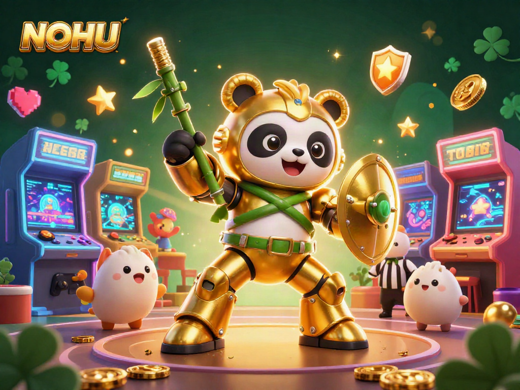 Engage in thrilling games at NOHU with a vibrant 3D panda and arcade elements.