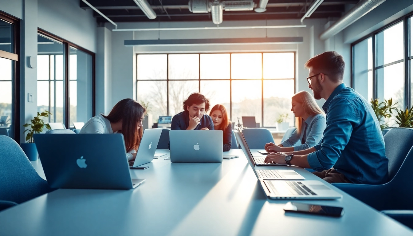 Webflow Agentur mit kreativem Team in moderner Arbeitsumgebung, das an Webdesign arbeitet.