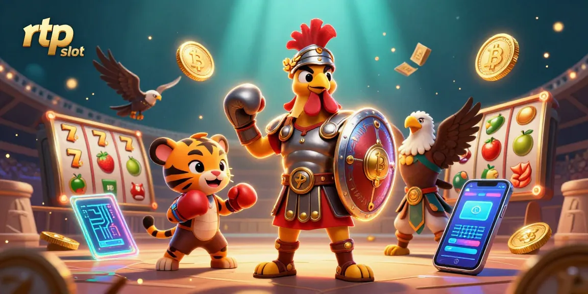 Engage with rtp slot excitement through a vibrant 3D illustration showcasing slot reels and crypto elements.