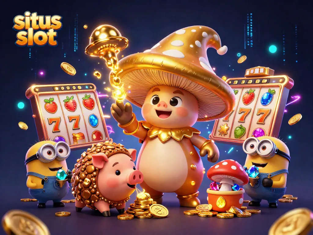 Situs slot scene with a golden mushroom wizard, treasure pig, and vibrant slot reels.