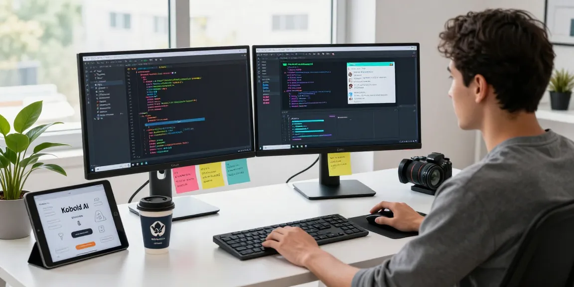 Developer engaging with kobold ai in modern workspace with coding monitors and innovative tech.