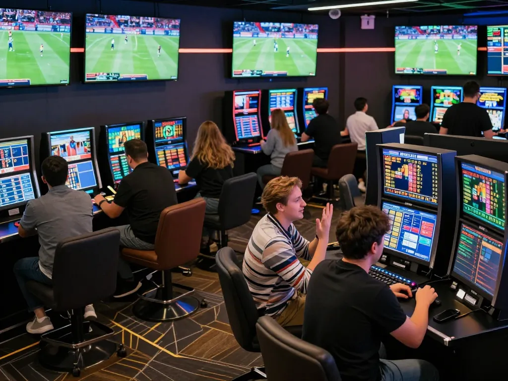 Placing bets with bookmakers stranieri in a lively sports betting venue, showing dynamic betting action and engaged participants