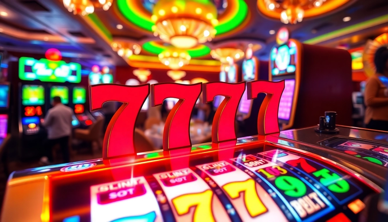 Slot 777 menarik perhatian dengan simbol berkilau dan pemain antusias di kasino.