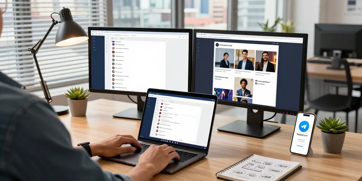 Using the Telegram Web Version on a laptop in a stylish office environment with dual monitors and vibrant city views.
