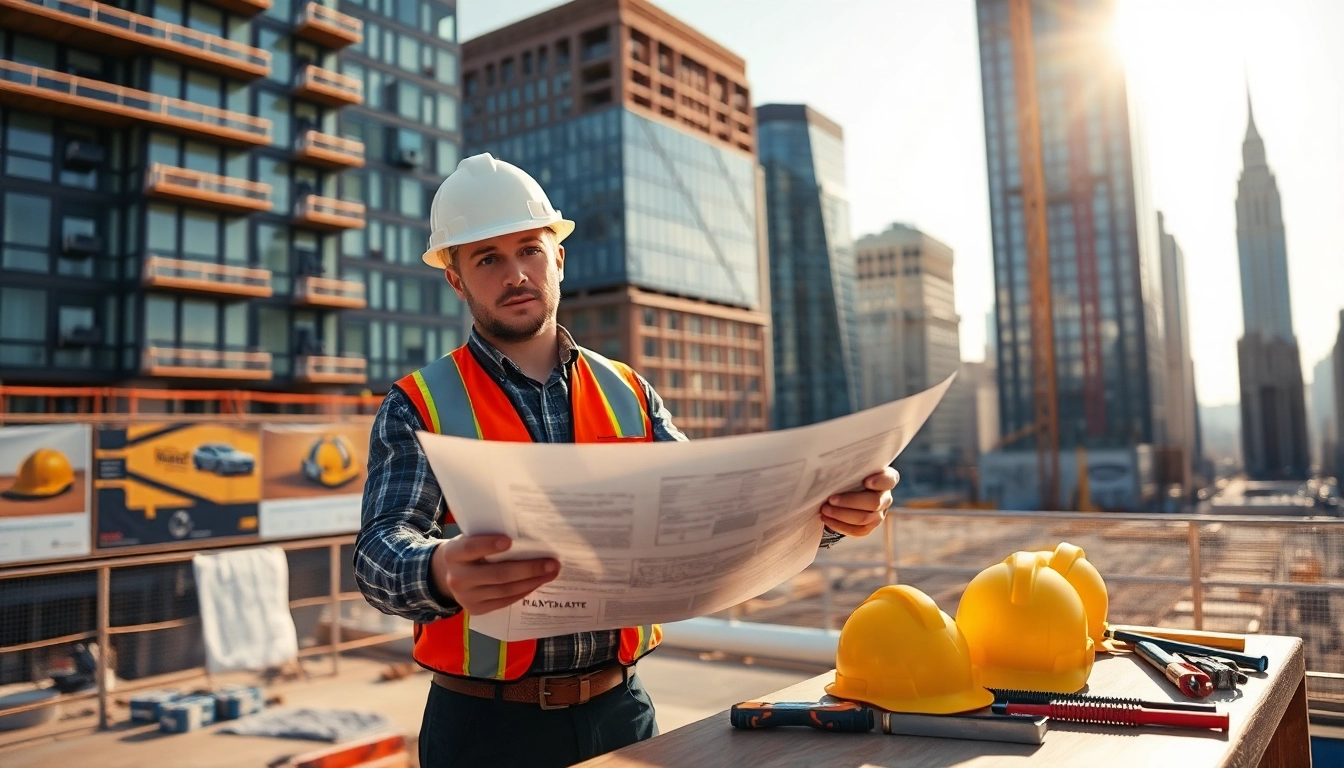 Manhattan General Contractor reviewing blueprints at a busy construction site in New York City.